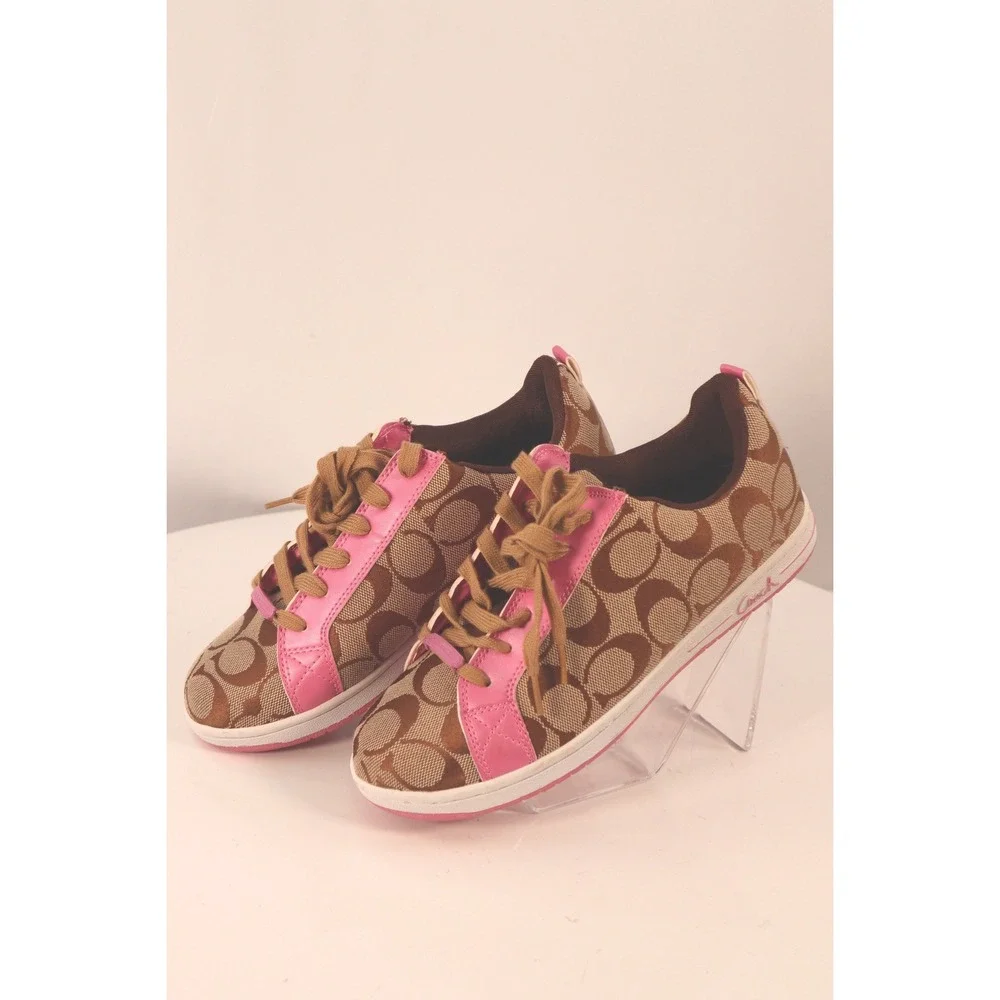 Coach Signature Monogram Canvas Low Sneakers Brown‎ Pink Leather Trim-Size 8.5